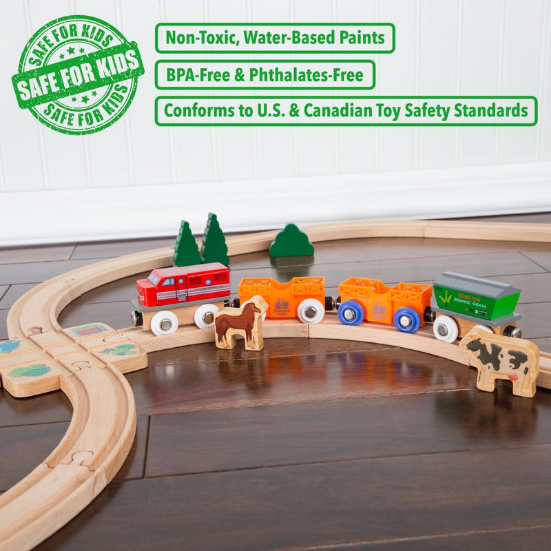 Orbrium مجموعة قطار أوربريوم الخشبي 12 عربة قطار مغناطيسية ومحركات 18 قطعة مجموعة قطارات الحيوانات سيرك مزرعة سفاري حديقة حيوانات متوافقة مع توماس وبريو وميليسا ودوج للسكك الحديدية الخشبية للأطفال الصغار - Image 5